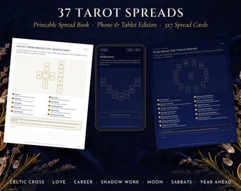 37 Tarot Spreads Printable, Tarot Spread Guide & Journal, Celtic Cross, Love, Shadow Work, Moon and Sabbat Spreads, Phone PDF, 5x7 Cards