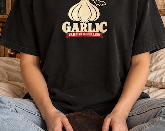 Camiseta repelente de vampiros de ajo, camiseta divertida para amantes del ajo, camiseta vintage de vampiro de Halloween, regalo para amantes de la comida de Comfort Colors