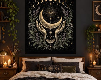 Tapiz celestial, manos sosteniendo una luna creciente para colgar en la pared, 50x60 cm, tapiz de fases lunares místicas, decoración de pared mística en negro y dorado.