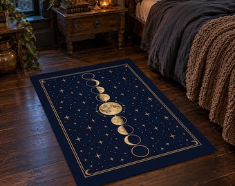 Alfombra de fases lunares, alfombra de estilo brujo de 24x36 pulgadas, alfombra celestial azul marino y dorada, alfombra de dormitorio con fases lunares, decoración para habitación de bruja, regalo para amantes de la luna