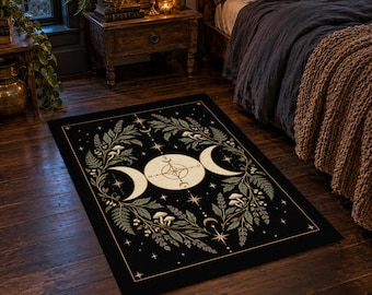 Alfombra Triple Luna, Alfombra de Área Bruja 24x36, Alfombra Negra Botánica Bruja, Decoración con Símbolo de la Diosa Lunar, Alfombra Oscura para Dormitorio de Estilo Cottagecore