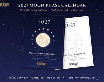 Calendario de fases lunares de 2027, eclipse lunar, sabbat, bruja (descarga digital)