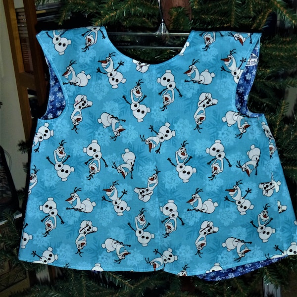 Christmas Dinner Bib / Winter Frozen's Olaf smock, bib or apron unisex toddler sz. 2-5 yrs. reversible and adjustable big button and loop