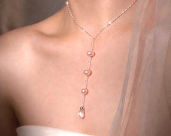 Collar de perlas rosas, chapado en oro de 14 quilates, collar colgante de cuarzo rosa, collar nupcial de perlas de agua dulce, -HNE002