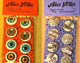 Quirky Pin Pack of 8 — Pinback Buttons, Choose Your Set — Alice Vortex