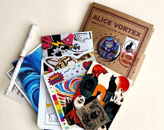 Alice Vortex Cat Menagerie Pocket Souvenir Kit, Mini Map Scroll, Stickers, Pin, Fortune Card - a small set of Artifacts from the Vortex