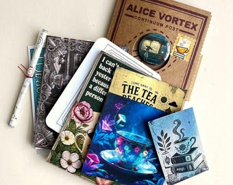 Alice Vortex Tea Reaches Pocket Souvenir Kit, Mini Map Scroll, Stickers, Pin, Fortune Card - a small collection of Artifacts from the Vortex