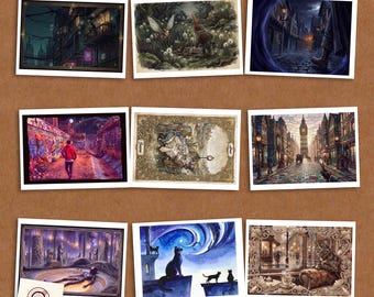 Whimsical Postcard Art Set of 9 — Alice Vortex World Mini Prints for Penpals, Journals & Snail Mail