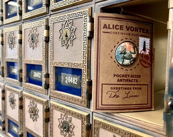 Alice Vortex The Loom Pocket Souvenir Kit, Mini Map Scroll, Stickers, Pin, Fortune Card - a small collection of Artifacts from the Vortex
