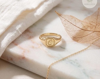 14K Gold Initial Signet Ring, Personalized Hexagon Ring, Custom Letter Ring, Dainty Signet Ring