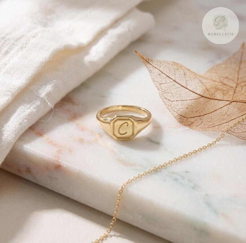 14K Gold Initial Signet Ring, Personalized Hexagon Ring, Custom Letter ...