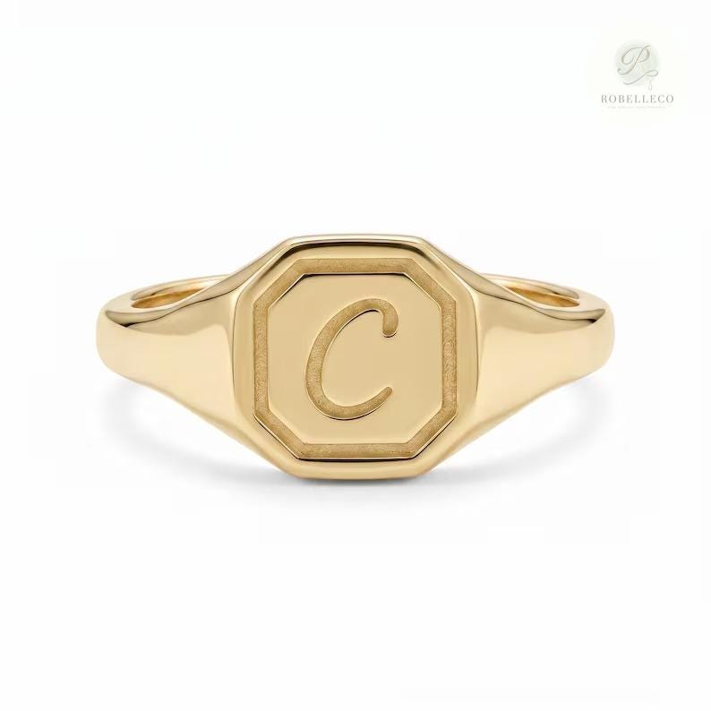 14K Gold Initial Signet Ring, Personalized Hexagon Ring, Custom Letter ...