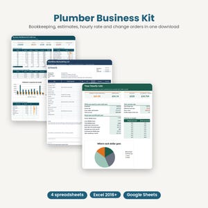 Plumber Business Kit, Plumbing Bookkeeping Spreadsheet, Estimate Template, Hourly Rate Calculator, Change Order Job Cost Tracker, Excel