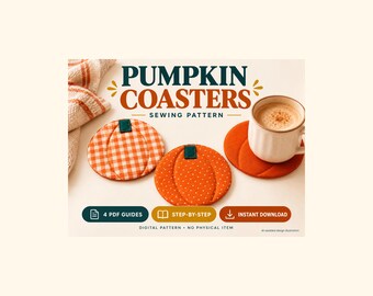 Modello PDF per cucire sottobicchieri a forma di zucca, sottobicchieri in tessuto trapuntato per il Giorno del Ringraziamento e l'autunno.