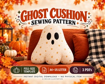 Può includere: Un cartamodello per cuscino a forma di fantasma in tessuto bianco con stelle dorate, occhi ovali neri e bocca nera. Il testo recita GHOST CUSHION SEWING PATTERN, FULL-SIZE TEMPLATE, A4 + US LETTER, 3 PDFS.
