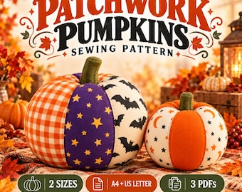 Può includere: Un cartamodello intitolato PATCHWORK PUMPKINS con due zucche in tessuto. La più grande ha pannelli a quadretti arancioni, stelle viola e pipistrelli. La più piccola ha pannelli arancioni e stelle con lune. Testo: 2 SIZES, A4 + US LETTER, 3 PDFS.