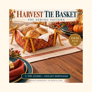 May include: A Harvest Tie Basket PDF sewing pattern featuring a square fabric basket with a rust-colored floral print exterior, a cream-colored interior, and mustard yellow ribbon ties at each corner. The basket holds three bread rolls.