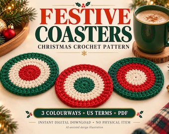 Può includere: Tre sottobicchieri circolari all'uncinetto con anelli concentrici rossi, bianchi e verdi. Il testo recita FESTIVE COASTERS CHRISTMAS CROCHET PATTERN, 3 COLOURWAYS US TERMS PDF, INSTANT DIGITAL DOWNLOAD NO PHYSICAL ITEM.