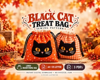 Può includere: Due sacchetti con coulisse con un grafico di un muso di gatto nero. Un sacchetto è arancione con stelle bianche, l'altro è a quadretti arancioni e bianchi. Testo: BLACK CAT TREAT BAG SEWING PATTERN, LINED DRAWSTRING BAG, A4 + US LETTER, 3 PDFS.