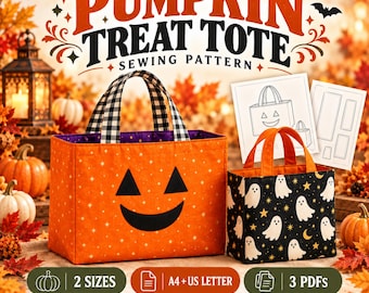 May include: A sewing pattern for a pumpkin treat tote featuring two fabric bags. One is orange with a jack-o'-lantern face and black-and-white gingham handles, the other is black with white ghosts and orange handles. Includes text: PUMPKIN TREAT TOTE SEWING PATTERN.