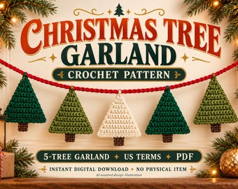 Può includere: Uno schema all'uncinetto per una ghirlanda di alberi di Natale con cinque alberi triangolari in verde scuro, verde chiaro e crema, appesi a un filo rosso. Il testo recita CHRISTMAS TREE GARLAND CROCHET PATTERN, 5-TREE GARLAND, US TERMS, PDF.