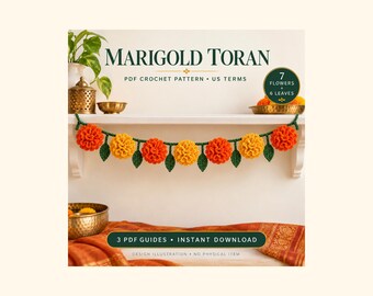 Può includere: Uno schema digitale all'uncinetto in PDF per una ghirlanda Marigold Toran con fiori arancioni e gialli e foglie verdi. Il testo recita Marigold Toran, PDF Crochet Pattern, US Terms, 7 Flowers + 6 Leaves, 3 PDF Guides, Instant Download.