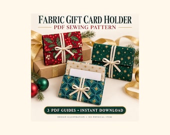 Può includere: Tre porta carte regalo in tessuto con motivi natalizi, tra cui agrifoglio rosso, stelle verdi e disegni geometrici verde acqua, legati con un nastro color crema. Testo: FABRIC GIFT CARD HOLDER, PDF SEWING PATTERN, 3 PDF GUIDES, INSTANT DOWNLOAD.