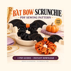 May include: A PDF sewing pattern for a Bat Bow Scrunchie. The image shows two scrunchies, one solid black and one orange with black stars, both featuring black fabric bat wings. Text includes BAT BOW SCRUNCHIE, PDF SEWING PATTERN, ONE SIZE, and 3 PDF GUIDES.