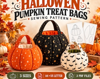 May include: A sewing pattern for Halloween pumpkin treat bags featuring three fabric baskets in orange, black, and cream with star, moon, and bat prints. Includes text labels for 3 sizes, A4 and US letter formats, and 3 PDF files.