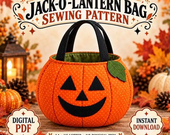 Può includere: Una borsa in tessuto a forma di zucca con manici neri, una foglia verde e un corpo arancione a pois con un volto in feltro nero. Il testo recita: JACK-O'-LANTERN BAG SEWING PATTERN, DIGITAL PDF, INSTANT DOWNLOAD, A4 + US LETTER.