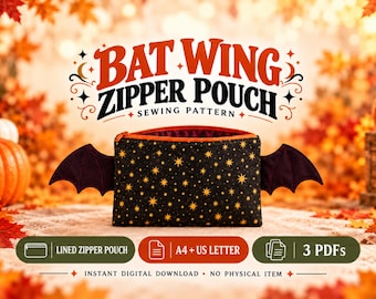 Può includere: Una pochette nera con cerniera, motivi a stelle dorate e ali di pipistrello in tessuto scuro sui lati. Il testo recita BAT WING ZIPPER POUCH SEWING PATTERN, LINED ZIPPER POUCH, A4 + US LETTER, 3 PDFS, INSTANT DIGITAL DOWNLOAD.