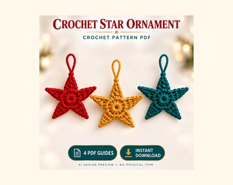 Häkelstern-Ornament-Anleitung (PDF), Fünf-Punkt-Weihnachtsdekoration und US-Häkelkarte