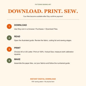 May include: An instructional graphic for a digital sewing pattern with the text DOWNLOAD. PRINT. SEW. It outlines four steps: download files from Etsy, read the illustrated guide, print at 100% on A4 or US Letter, and assemble the paper tiles.