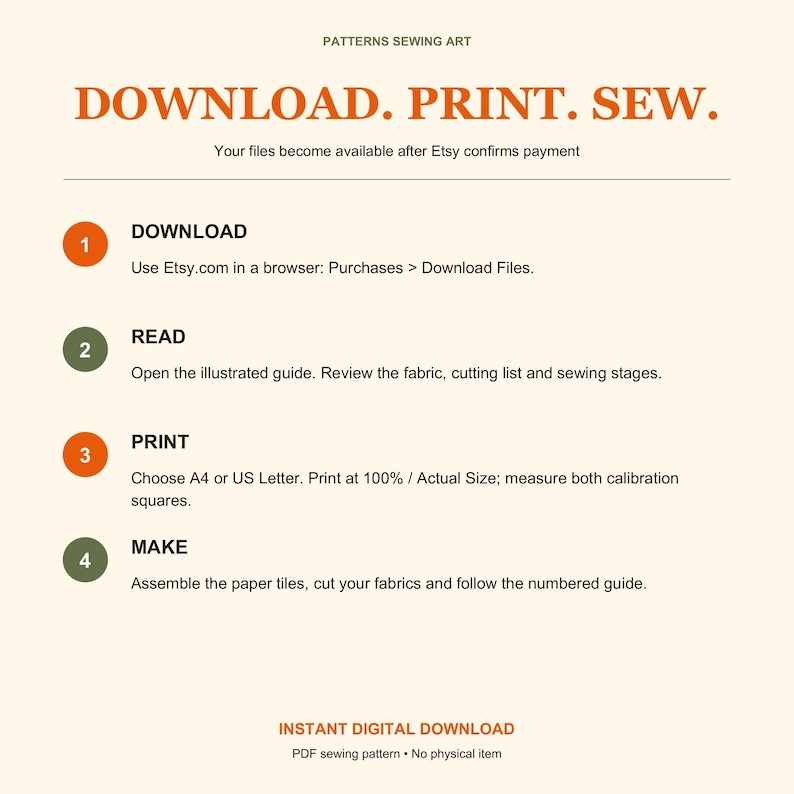 May include: An instructional graphic for a digital sewing pattern with the text DOWNLOAD. PRINT. SEW. It outlines four steps: download files from Etsy, read the illustrated guide, print at 100% on A4 or US Letter, and assemble the paper tiles.