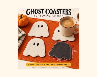 Può includere: Cartamodello PDF Ghost Coasters con tre sottobicchieri a forma di fantasma in tessuto bianco e grigio scuro con occhi neri. I sottobicchieri misurano 15 cm per 12 cm. Il testo recita GHOST COASTERS PDF SEWING PATTERN e 3 PDF GUIDES INSTANT DOWNLOAD.