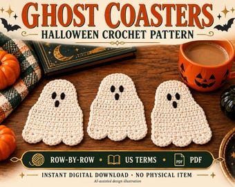 Può includere: Tre sottobicchieri a forma di fantasma lavorati all'uncinetto color bianco sporco con occhi e bocche ricamati in nero. L'immagine presenta il testo GHOST COASTERS HALLOWEEN CROCHET PATTERN, ROW-BY-ROW, US TERMS, PDF e INSTANT DIGITAL DOWNLOAD NO PHYSICAL ITEM.