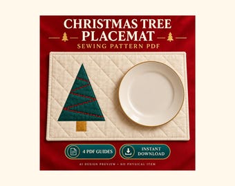 PDF-Schnittmuster für weihnachtliche Platzsets, Nähanleitung für eine gesteppte Baumapplikation und druckbare Vorlage