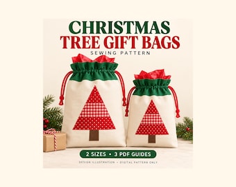 Può includere: Due sacchetti regalo con coulisse color bianco sporco con applicazioni di alberi di Natale rossi e verdi, cordini rossi e bordi superiori verdi. Testo: CHRISTMAS TREE GIFT BAGS SEWING PATTERN, 2 SIZES, 3 PDF GUIDES, DESIGN ILLUSTRATION, DIGITAL PATTERN ONLY.