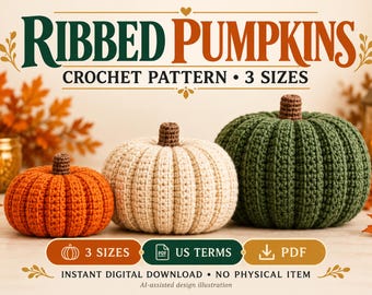 Può includere: Uno schema digitale all'uncinetto per tre zucche a coste nei colori arancione, crema e verde scuro. Il testo recita RIBBED PUMPKINS CROCHET PATTERN 3 SIZES, US TERMS, PDF e INSTANT DIGITAL DOWNLOAD NO PHYSICAL ITEM. Illustrazione assistita da IA.