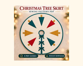 PDF-Schnittmuster für eine Weihnachtsbaumdecke, gesteppter Kreis mit Baumapplikation und Bändern