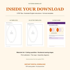 May include: A digital sewing pattern download containing three PDF files with illustrated English instructions and full-size templates. Includes A4 and US Letter templates, a 14-page guide, materials list, cutting quantities, numbered sewing stages, print calibration, tile maps, and assembly diagrams.
