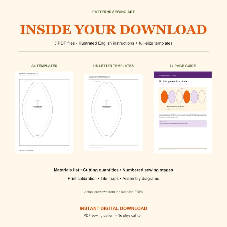 May include: A digital sewing pattern download containing three PDF files with illustrated English instructions and full-size templates. Includes A4 and US Letter templates, a 14-page guide, materials list, cutting quantities, numbered sewing stages, print calibration, tile maps, and assembly diagrams.