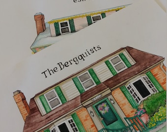 Custom Home Portrait personalized with Family Name and Date.  Watercolor House painting.