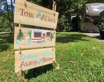 Wood Camp Site Sign Personalize w/ names, custom color and camper style. Stand not included.