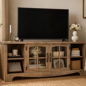 58 Inch Farmhouse TV Stand: Oak Wood Grain, Glass Door Storage (50-65 Inch TV Compatibility)