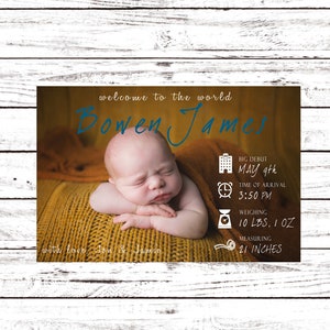 Cartão de anúncio de nascimento de bebê para impressão, anúncio de nascimento de foto digital com estatísticas, anúncio de recém-nascido, anúncios modernos e personalizados