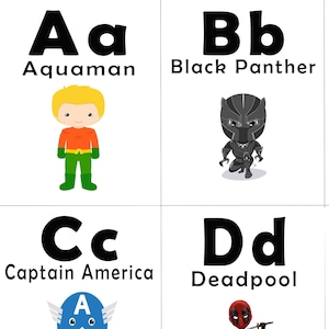 Cartões flash imprimíveis ABC, brinquedos de aprendizagem, super-herói, cartão do alfabeto para impressão, jardim de infância, pré-escola, cartões de parede do alfabeto, download instantâneo