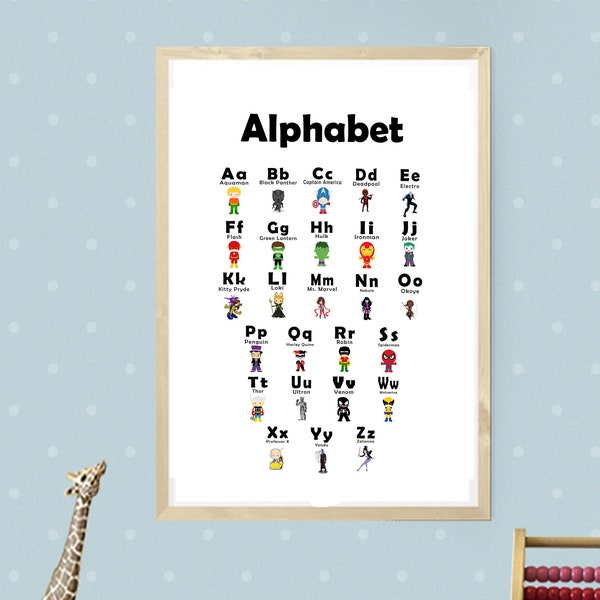 Superhero Nursery Decor, Superhero Printable Poster, Alphabet Poster, Learning Toys, Superhero Bedroom, Playroom Decor, Superhero Playroom