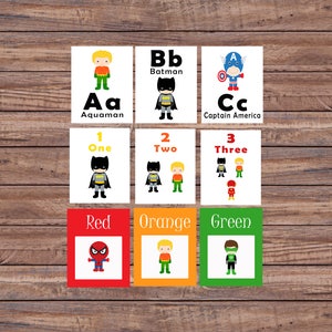 Flash Cards, Superheld, Alphabet Karten, Lernspielzeug, Lernspielzeug, druckbare Karten, Zahlenkarten, Instant Download, druckbarer Download