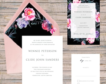 Pink and Purple Floral Wedding Invitation Set,Printable Wedding Invite,Digital Download,Printable Invitation,Garden Wedding,Botanical Weddin